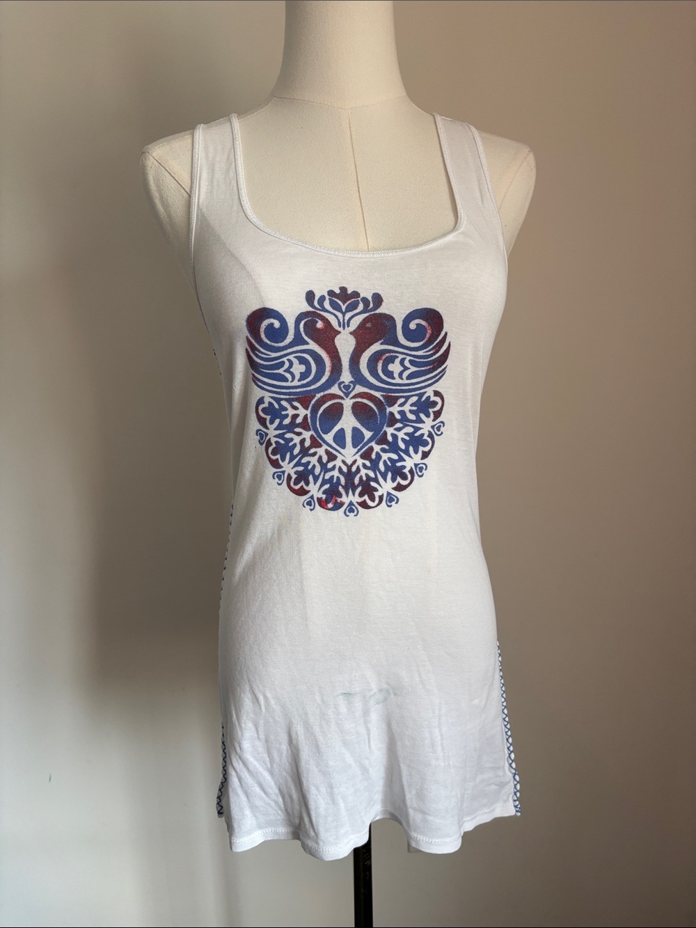 White Tank Top with Blue & Burgundy Ornamental Motif